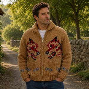 May include: A tan, chunky knit zip-up cardigan featuring a shawl collar and a graphic pattern of two red and black fox heads on the chest, with blue paw print motifs along the bottom hem, worn over a plain white t-shirt and blue denim jeans.