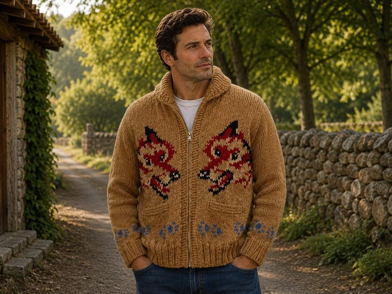 May include: A tan, chunky knit zip-up cardigan featuring a shawl collar and a graphic pattern of two red and black fox heads on the chest, with blue paw print motifs along the bottom hem, worn over a plain white t-shirt and blue denim jeans.