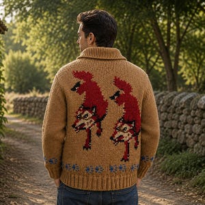 May include: A tan knit cardigan featuring a shawl collar and a back design of two red and black foxes. The hem and cuffs are finished with a ribbed texture and a repeating blue paw print pattern. The garment is worn over blue denim jeans.