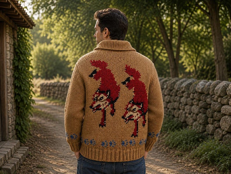 May include: A tan knit cardigan featuring a shawl collar and a back design of two red and black foxes. The hem and cuffs are finished with a ribbed texture and a repeating blue paw print pattern. The garment is worn over blue denim jeans.