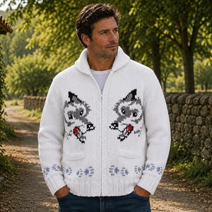 May include: A white knit zip-up cardigan featuring a shawl collar and a graphic pattern of two wolf heads on the chest. The sweater includes two front pockets and a repeating light blue paw print design along the ribbed hem and sleeve cuffs.