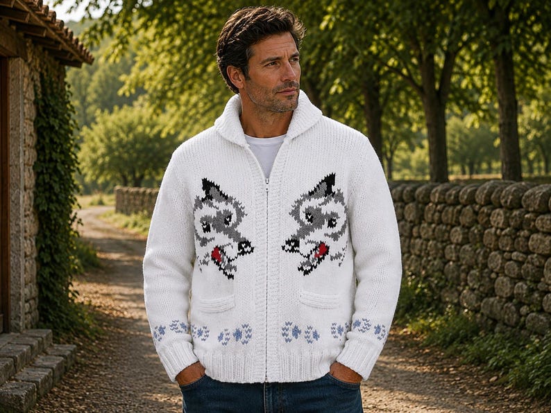May include: A white knit zip-up cardigan featuring a shawl collar and a graphic pattern of two wolf heads on the chest. The sweater includes two front pockets and a repeating light blue paw print design along the ribbed hem and sleeve cuffs.