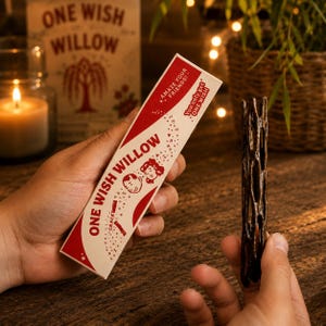 May include: A rectangular white and red box labeled ONE WISH WILLOW with cartoon faces and star graphics, held alongside a dark brown, cylindrical, hollow, and textured wooden object with an irregular lattice-like pattern of vertical openings.