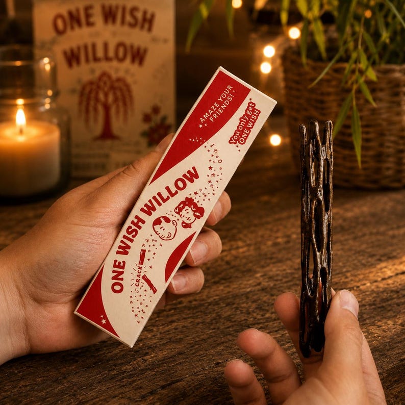 May include: A rectangular white and red box labeled ONE WISH WILLOW with cartoon faces and star graphics, held alongside a dark brown, cylindrical, hollow, and textured wooden object with an irregular lattice-like pattern of vertical openings.