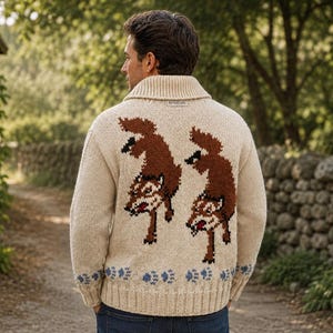 May include: A cream-colored knit cardigan featuring a shawl collar and a large intarsia design on the back depicting two brown foxes in motion. The hem is decorated with a row of small blue paw prints, and the garment has long sleeves.