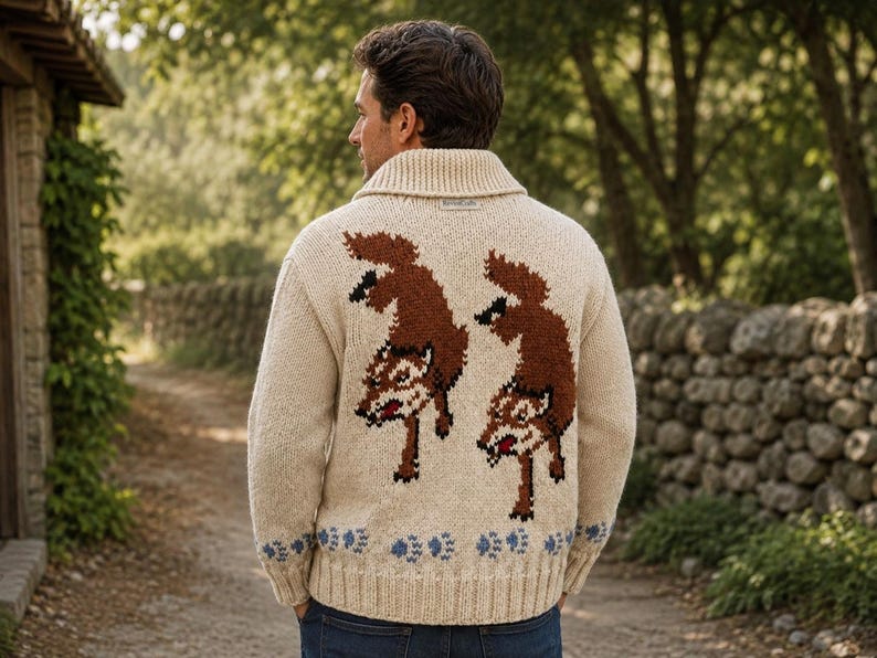 May include: A cream-colored knit cardigan featuring a shawl collar and a large intarsia design on the back depicting two brown foxes in motion. The hem is decorated with a row of small blue paw prints, and the garment has long sleeves.