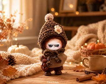 10cm Doll Clothes Woodland Outfit, Brown Crochet Hood, Knit Sweater, Boots and Bear Charm, Doll Not Included