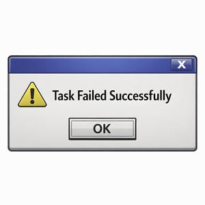 Könnte beinhalten: Ein computergeneriertes Popup-Fenster mit blauem Header und weißem Body. Der Text lautet "Task Failed Successfully" mit einem Ausrufezeichen-Warnsymbol. Eine "OK"-Schaltfläche ist ebenfalls sichtbar.