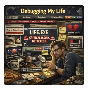 Peut inclure: Illustration d'un homme à un bureau avec des éléments informatiques. Le texte "Debugging My Life" est en haut. La scène comprend des messages d'erreur, une tasse à café "Debug Mode" et une bouteille "Escape".