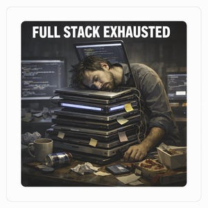 Peut inclure: Image d'une personne dormant sur une pile d'ordinateurs portables, avec le texte "FULL STACK EXHAUSTED" en haut. La scène comprend un bureau en désordre avec une tasse à café, une canette et des contenants de nourriture.