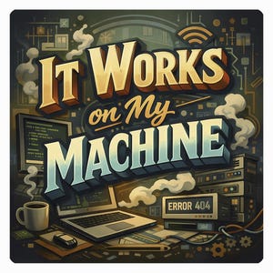 Può includere: Grafica quadrata con la scritta "IT WORKS on My MACHINE" in un font 3D. L'immagine presenta un laptop, monitor desktop, server e una tazza di caffè, con un messaggio "ERROR 404" su uno schermo. Lo sfondo è di colore verde acqua scuro con disegni di circuiti.