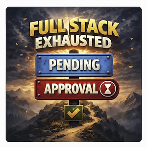 Könnte beinhalten: Ein Wegweiser mit den Worten "FULL STACK EXHAUSTED" in goldenen Buchstaben. Darunter steht auf einem blauen Schild "PENDING" und auf einem roten Schild "APPROVAL". Ein grünes Schild mit einem Häkchen befindet sich unten. Der Hintergrund zeigt eine Berglandschaft.