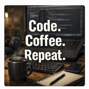 May include: A black coffee mug with steam rising, a laptop displaying code, and the text "Code. Coffee. Repeat." are on a wooden desk. A keyboard, notepad, pen, and phone are also visible, suggesting a workspace.