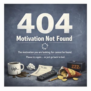 Könnte beinhalten: Humorvolles digitales Kunstwerk mit dunkelblauem Hintergrund. Der Text lautet "404 Motivation Not Found". Eine Kaffeetasse mit "Ugh...", zerknittertes Papier, eine Fernbedienung, ein Bleistift, eine Chipstüte und eine Uhr mit "ZZZ" sind ebenfalls vorhanden.