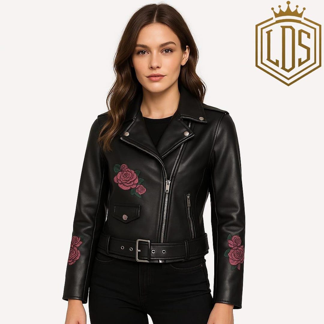 Jacket With Roses Women's Black Faux Leather Jacket With Rose Embroidery | Floral Moto ...