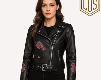 Damen schwarze Kunstlederjacke mit Rosenstickerei | Florale Moto Biker Jacke