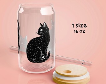 Cat Illustration Glass Tumbler, Bamboo Lid & Straw, Iced Coffee Cup