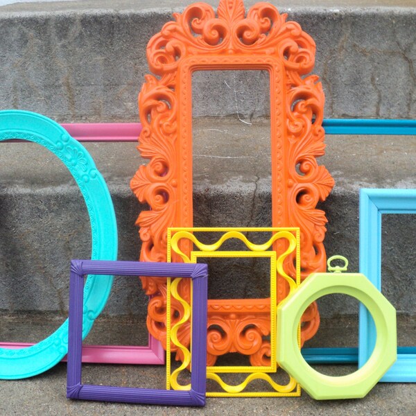 Bright and Colorful Picture Frame Set With Mirror Ornate Blue Yellow Pink Orange Purple