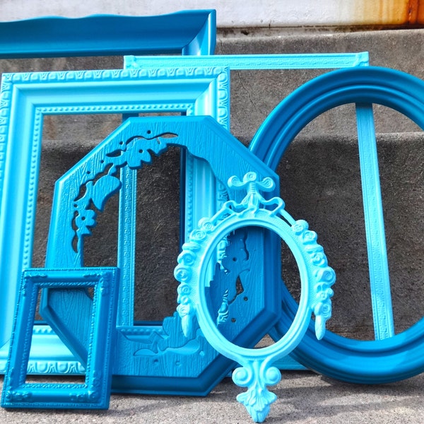 Large Peacock Blue and Aqua Ornate Picture Frame Set with Mirror
