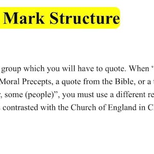 May include: A document titled "GCSE Religious Studies AQA 12 Mark Structure" with text explaining essay structure. The title is highlighted in yellow. The document provides instructions for quoting religious texts and comparing religious groups within an essay.