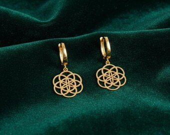 Gold Flower of Life Earrings: Sterling Silver Sacred Geometry Dangles, Mother's Day Gift
