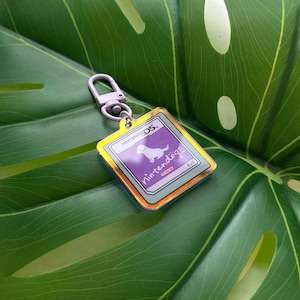 May include: A clear acrylic keychain featuring a purple square with a white dog silhouette and the text "nintendogs". The keychain has a silver clasp and a yellow border. The background is a large green leaf.