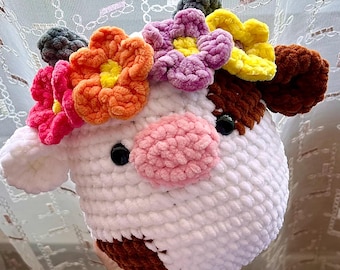 Crochet cow pattern Amigurumi cow squishy pdf tutorial Crochet milk cow with flowers pattern