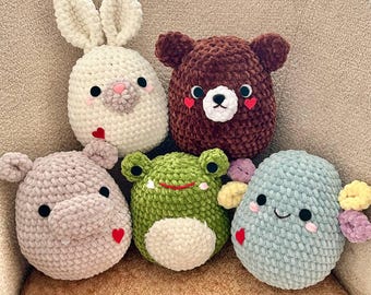 Crochet pattern set of 4 squishy toys: hippo, bunny, bear, frog, axolotl. Amigurumi squishy toys patterns bundle