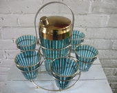 Sale Vintage Mid Century Glassware Caddy and Decanter With Turquoise Stripes and Gold Rim