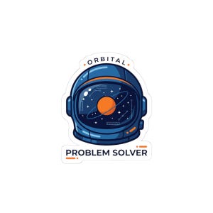 Op de afbeelding: Een sticker met een blauwe astronautenhelm met een oranje planeet en sterren zichtbaar door het vizier. Het woord "ORBITAL" staat boven de helm en "PROBLEM SOLVER" eronder.