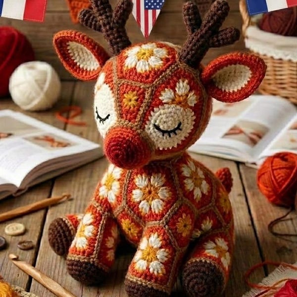 African Flower Reindeer Crochet Pattern, Amigurumi Christmas Toy (PDF Pattern)