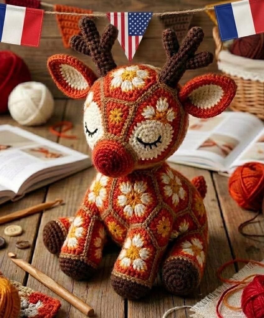 40 Reindeer Crochet Patterns: Add Homemade Warmth to Your Holiday Decor 17 African Flower Reindeer Crochet