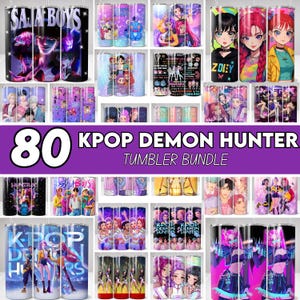 May include: A collection of 80 KPOP Demon Hunter tumblers, each with unique designs. The tumblers feature vibrant anime-style illustrations, text, and graphics. The color palette includes shades of purple, pink, blue, and black. The text "SAJA BOYS" and "ZDEY" are visible.