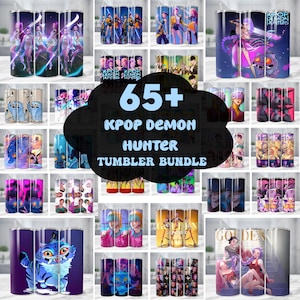 Puede incluir: Una colección de vasos de acero inoxidable con varios diseños. Los vasos presentan gráficos coloridos de personajes de estilo anime, el texto "KPOP DEMON HUNTER TUMBLER BUNDLE" y otras ilustraciones. La imagen muestra una variedad de diseños.