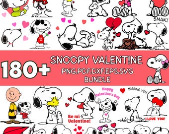 May include: A collection of Snoopy Valentine's Day themed graphics. The images feature Snoopy in various poses, holding hearts and flowers. Text includes "Snoopy Valentine" and "180+ Bundle".