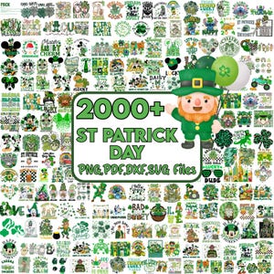 Puede incluir: Una colección de diseños digitales con temática del Día de San Patricio en verde y blanco. La imagen incluye varios gráficos, texto y una ilustración de duende. El texto incluye "2000+ St Patrick Day" y formatos de archivo.