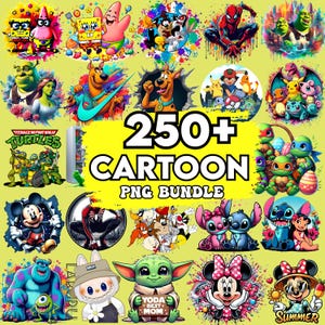 Peut inclure: Une collection d'images PNG de personnages de dessins animés, dont Bob l'éponge, Scooby-Doo, Spider-Man et Mickey Mouse. L'image présente le texte "250+ CARTOON PNG BUNDLE" en blanc sur un fond jaune. Les images sont colorées et vives.