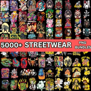 Op de afbeelding: Een verzameling grafische ontwerpen, met verschillende personages en illustraties in levendige kleuren. De tekst "5000+ STREETWEAR PNG BUNDLES" wordt vetgedrukt weergegeven. De ontwerpen omvatten stripfiguren, monsters en popcultuurreferenties.