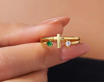 Personalized Cross Ring with Birthstones, Custom Engraved Dainty Cross Ring, Sterling Silver Christian Jewelry, Confirmation Baptism Gift
