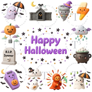 Może przedstawiać: Kolekcja ikon 3D o tematyce Halloween, zawierająca ducha z parasolem, nawiedzony dom, tornado w kapeluszu czarownicy, błyskawicę, dynię, chmurę burzową, nagrobek z napisem R.I.P. Summer, kociołek oraz trumnę z napisem Happy Halloween.