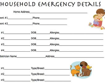 Household Emergency Details | Printable Wall Decor | Instant Download