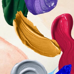 May include: An abstract composition featuring swatches of vibrant paint in various colors. The colors include deep green, purple, gold, hot pink, gray, light blue, and royal blue. The paint is swirled and textured against a neutral background.