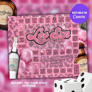 Peut inclure: Un jeu de société rose et blanc avec le texte "Lee Szn Gameboard" et diverses instructions de jeu. Le jeu comprend des dés, des bouteilles de tequila et des ballons roses. Les mots "Drink We Outside Tonight!" sont également visibles.