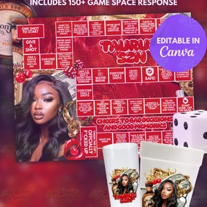 May include: A party game set featuring a board game, shot glasses, and cups. The game board has text and graphics, including the words "Taurus SZN" and "Cheers to Bad Decisions and Good Memories." The shot glasses and cups have a woman's image.