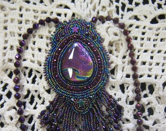 Purple Dichroic Hand Beaded Necklace with Fringe