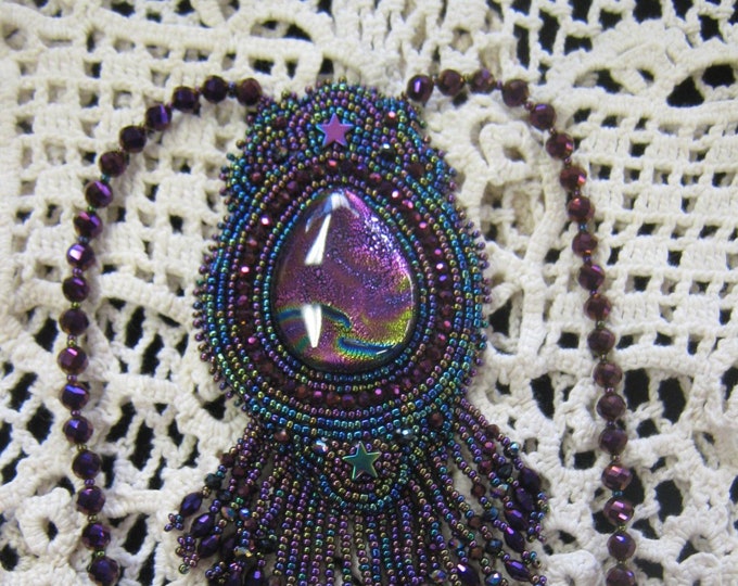 Purple Dichroic Hand Beaded Necklace with Fringe