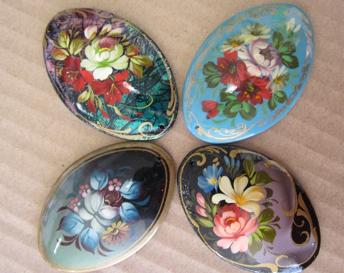 Hand Painted Pendant Russian Lacquer Flower Cat's Eye Oval Choice of 4