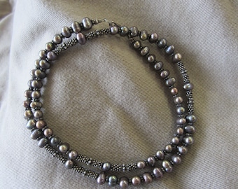 Beautiful Bali Silver and Peacock Pearls 22 1/2 inch Necklace Hand Strung Sterling Silver Clasp