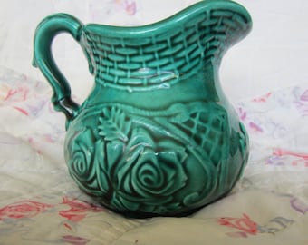 Jade Green Creamer Pitcher Rose Basket Weave Vintage Pottery