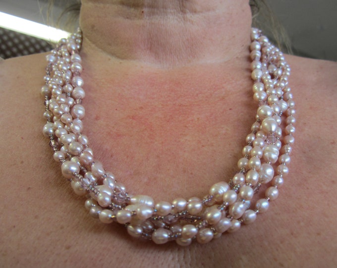 Multi Strand Cream Soda Pearl Necklace Hand Strung 23 1/2 inches Silver Clasp